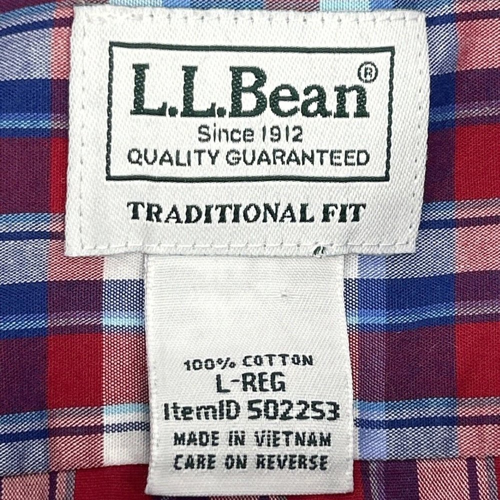 L.L. Bean Shirt Men's L-Reg Red White Blue Plaid Traditional Fit Short Sleeve - Picture 2 of 7